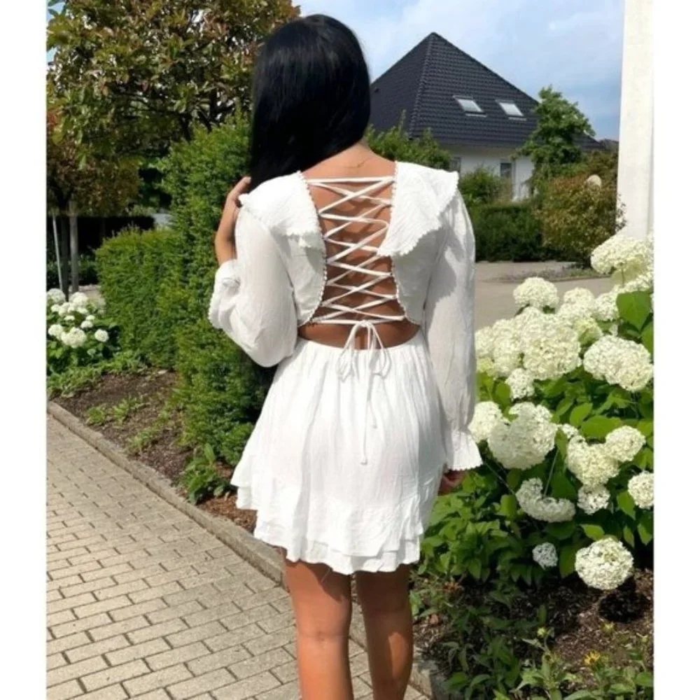 White Long Sleeve V-Neck Open Back Ruffle Hem Mini Dress - Picture 10 of 17